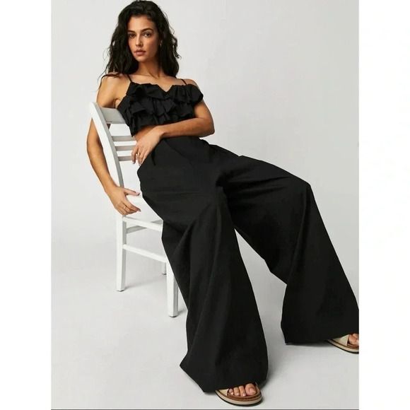 New Free People Danelle Set Two Piece Wide Leg Pants Crop Top Ruffle Black - Picture 5 of 17